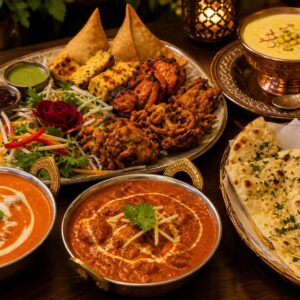 butter chicken 1 chicken tikka massla 1 vegetarisch vorspeise teller ( für 2 personen ) garlic naan 2 safroon kheer pries 55.94€ offer 50€ (1)